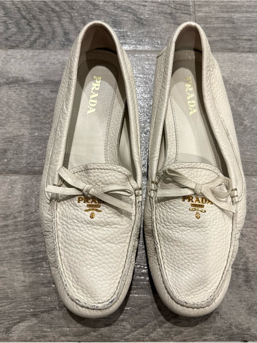 Prada Cream Leather Bow-Accent Moccasin Loafers